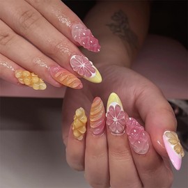 BABALAL Press on Nails Medium Almond Fake Nails Pink Yellow French Tip Glue on 3d Texture Orange Lemon Acrylic Nails Cute False Nails Summer Spring Nail Supplies Handmade Stiletto Artificial Nail