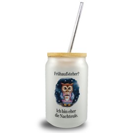 Owl in Pyjamas Night Owl Early Bird Saying Drinking Glass with Bamboo Lid A Funny Glass for Night Owls