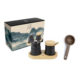 Peugeot Bali Black Cast-Iron Pepper Mill & Salt Cellar With Wooden Tray Gift Boxed- With Wooden Spice Scoop