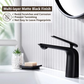 TOCALOCA Black Bathroom Sink Faucet, Matte Black, Modern Design, Single Handle, 1 Hole, Brass, Ceramic Disc Valve, Deck Mount, Aerated Non-Splashing Stream