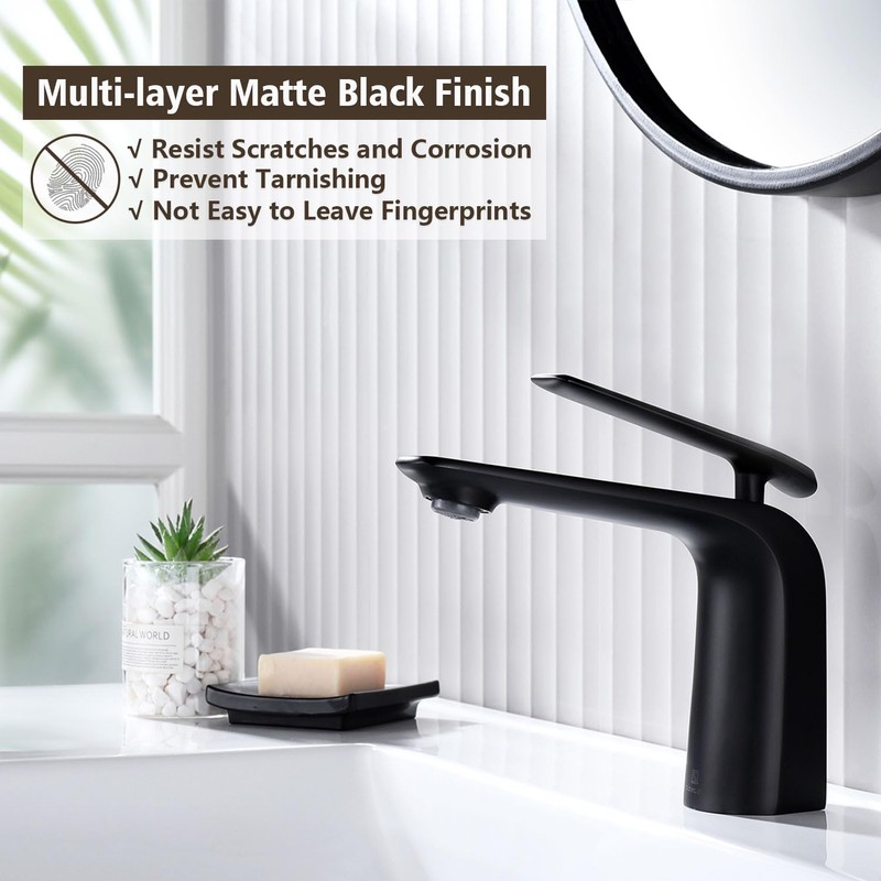 TOCALOCA Black Bathroom Sink Faucet, Matte Black, Modern Design, Single