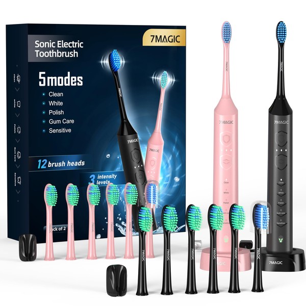 Electric Toothbrush for Adults, Sonic Toothbrush with 5 Modes & 3 Intensity Levels, 40,000 VPM Toothbrushes with 12 Brush Heads, IPX7 Waterproof Tooth Brush, One Charge for 60 Days, 2-Min Timer