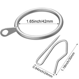 Hotop 30 Pcs Metal Drapery Curtain Rings 0.98/1.26/1.65 inch Interior Diameter and 30 Pcs Hanging Curtain Drapery Pin Hooks for Window Door Shower(42mm,Matte Silver)