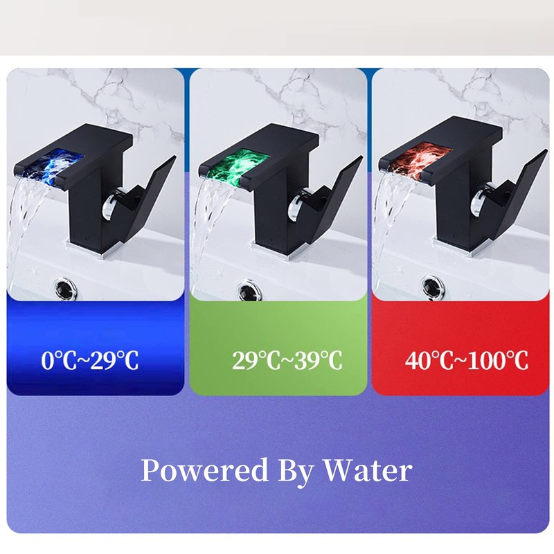 Bathroom Faucet Led Light RGB Waterfall Spout Black Lavatory Vanity