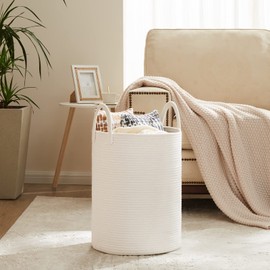 72L Large Woven Laundry Hamper by Fiona's magic, Tall Cotton Rope Storage Basket, Jute Baby Nursery Hamper for Blankets, Toys and Clothes in Bedroom and Living Room Organizing, White