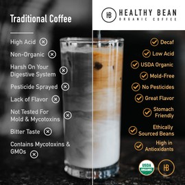 Healthy Bean Coffee - Organic Decaf Ground Coffee Medium Roast - Water-Processed Decaf Low Acid Coffee, Clean Coffee, Healthy Coffee - USDA Organic Decaf Coffee Ground, Mycotoxin Free Coffee, 11oz