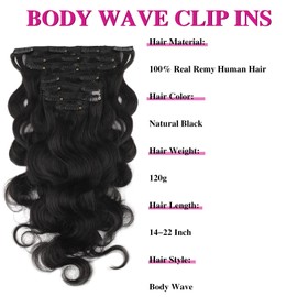 ABH AMAZINGBEAUTY HAIR Body Wave Clip ins Human Hair Wavy Clip in Hair Extensions Full Head Body Wave Clip ins for Black Women Natural Black Real Remy Human Hair Thick Ends 120G 14 Inch