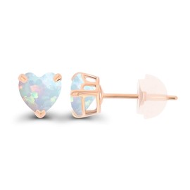 Solid 14K Rose Gold 5mm Heart Created Opal October Birthstone Genuine Stud Earrings For Women