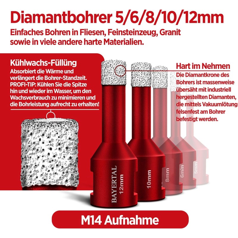 BAYERTAL® Fliesenbohrer Set 5tlg. 5, 6, 8, 10, 12 mm,