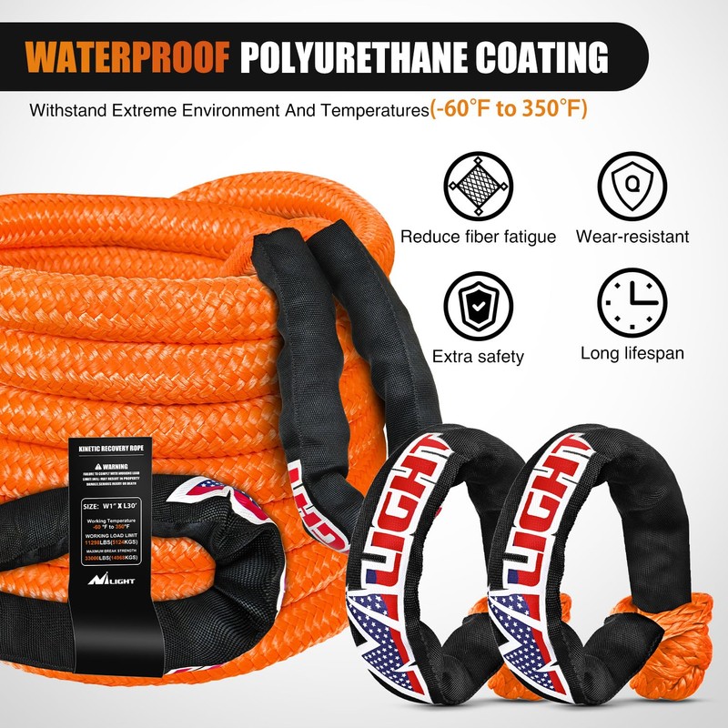 Nilight Kinetic Recovery Tow Rope Kit with 2 Soft Shackle