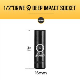 BOEN 1/2" Drive Deep Impact Socket,16mm Premium Socket,Metric,6 Point,Cr-V Steel with Laser Marking - Strong and Durable