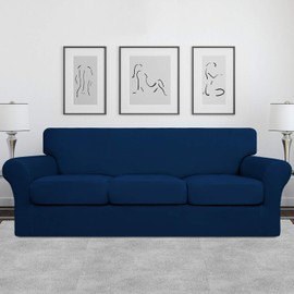 Easy-Going 4 Pieces Stretch Soft Couch Cover for Dogs - Washable Sofa Slipcover for 3 Separate Cushion Couch - Elastic Furniture Protector for Pets, Kids (Sofa, Navy)