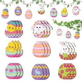 FainFun Easter Egg Pendants, Pack of 24 Easter Reko Wood, Easter Gifts, Easter Reko for Hanging, Suitable for Garden, Living Room, Classroom, Spring Decoration for Hanging, Reverse Easter Egg for