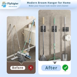 10 Pack Heavy Duty Mop and Broom Holder Wall Mount, No Drill Self Adhesive Stainless Steel Hanger with Hooks, Anti-Slip Tool Organizer for Bathroom, Kitchen, Garage, Laundry Room (10, Black)