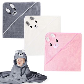 BORDEAG Baby Hooded Towel, Set of 3, 80 x 80 cm, Baby Towel with Hood, Baby Towel Set, Soft Hooded Towels for Babies and Toddlers, Babies Newborns, Pink + white + grey