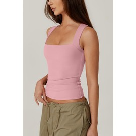 QINSEN Women's Square Neck Sleeveless Double-Layer Pinkk Tops Basic Tight T Shirts Pink XL