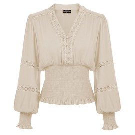 Women's Renaissance Blouse V Neck Long Sleeve Smocked Boho Corset Top Beige X-Large