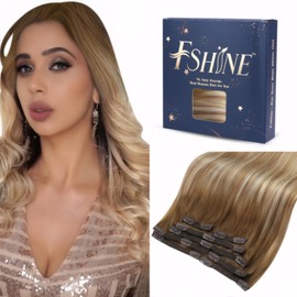 Fshine Balayage Brown Clips Hair Extension Omber Remy Natural Clip in Human Hair Double Wefted Clip in Hair Extension Balayage Brown to Platinum Blonde 120g 22 inch 7pcs #6/60/6