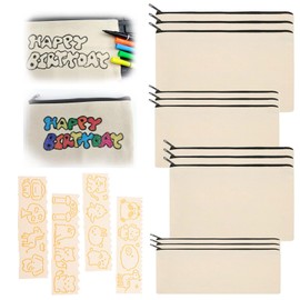 Furforstk Fabric Bags for Painting, Pack of 12 Fabric Bags for Painting, with 4 Painting Stencils, Fabric Bags with Zip, 4 Sizes, Cosmetic Bag for Painting, Embroidery, Crafts, for Children's