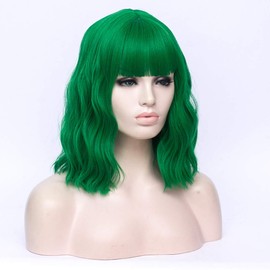 DWMGLP - Peluca corta de fibra rizada, color verde, 35,56 cm, para mujeres y niñas, resistente al calor, para Halloween, cosplay, fiesta diaria, gorra (verde)