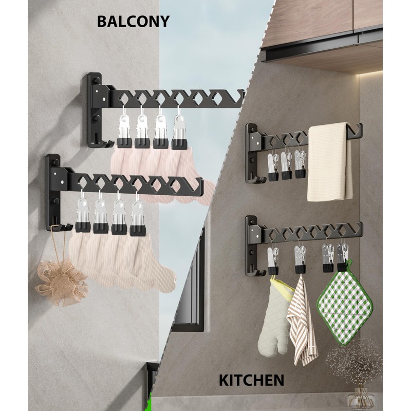 Wall Mount Coat Hanger Holder Black Clothes Drying Organizer Rack