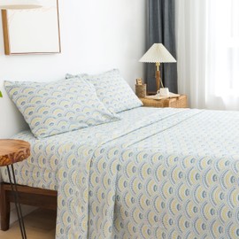 KACEMOO Printed Sheet Set 4PC Boho Sheets Queen Pattern Blue Floral Bed Sheet Cooling Soft 17”Deep Pocket Microfiber Brushed Sheet, Easy Care, Breathable, Wrinkle Free, Machine Washable Bed Set