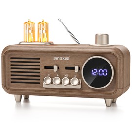 Retro Radios FM Portable Bluetooth Speaker,12/24H Small Plug in Vintage Clock Radio with USB/AUX/TF Card for Kitchen/Bedroom/Desk/Shelf (Wood Grain)