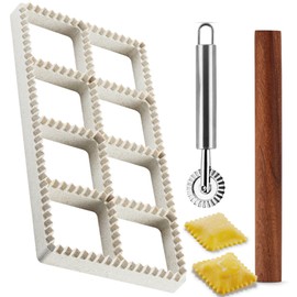 MUMSUNG Ravioli Maker Press, Ravioli Press Mold Set - Squares Ravioli Stamp Maker Cutter with Wood Rolling Pin and Ravioli Wheel, Ravioli Stamp Pasta Making Tools | Makes 8 Ravioli, 1.85"