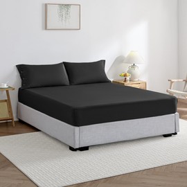 JELLYMONI - Sábana bajera ajustable de algodón Queen, color negro puro, 1 pieza de fácil ajuste de 16 pulgadas de profundidad, sábana de cama sólida, 100% algodón lavado, suave, transpirable,
