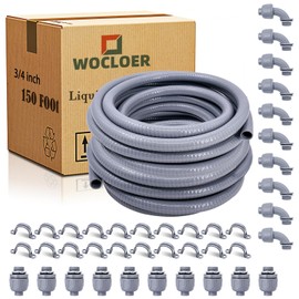 Wocloer 3/4 inch 150 Foot Liquid-Tight Conduit and Connector Kit, Flexible Non Metallic Electrical Conduit, With 10 Straight and 10 Angle Fittings and Pipe Strap