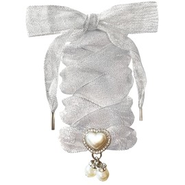 Fashionable Ribbon Shoe Laces with Bling Pearl Charms for Girls & Women (04 Organza Glitter Silver, 63"Inch (160CM))