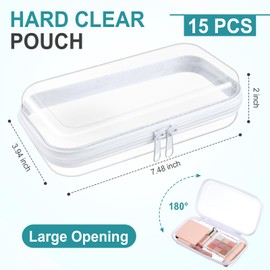 Qiyaz 15 Pcs Clear Hard Shell Zipper Case Plastic Bins Transparent Double Zippers Hard Pouch Clear Plastic Storage Box Containers for Building Blocks Cosmetics, Puzzles(7.5 x 4 Inches)