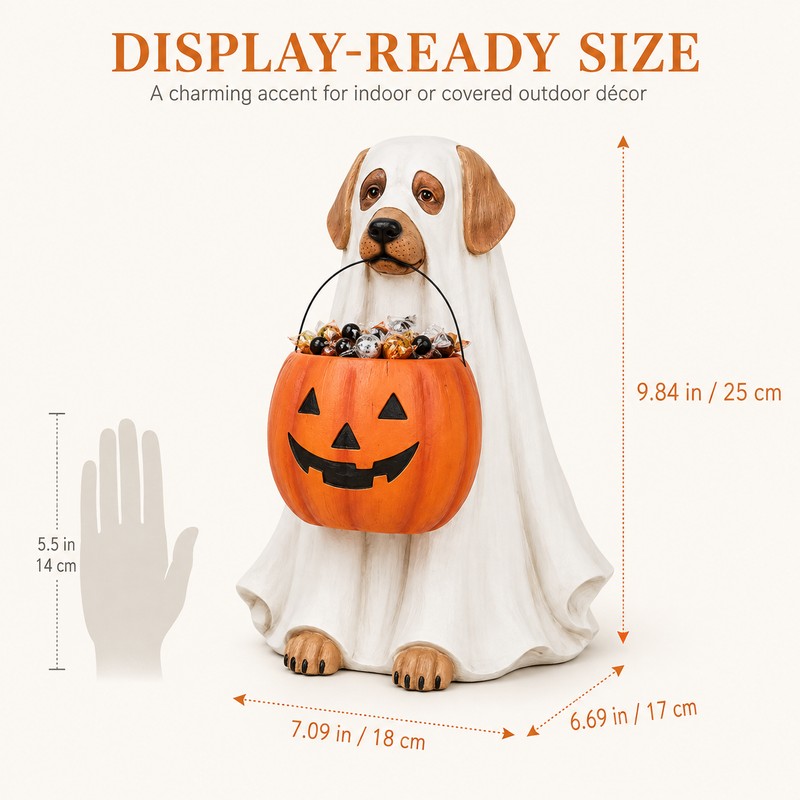 Halloween Ghost Dog Pumpkin Resin Figurine Hand-Painted Outdoor Indoor Holiday