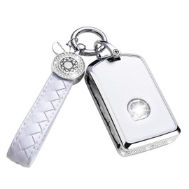 SHANGHONG Compatible with Volvo Key Fob Cover with Keychain Leather Crystal 360 Degree Protection Key Shell Case for Volvo XC90, XC60, XC40, S60, S90, V60, V90, Polestar 1, Polestar 2 (White)