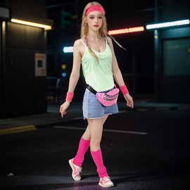 hoyuwak 80s Neon Workout Outfit for Women Leg Warmer Headband Wristband Holographic Fanny Pack for Yoga Running Party
