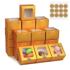 OUGEBOX 50 Pcs 4x4x2.5 Inch Bakery Boxes with Window, Gold Cookie Boxes for Gift Giving, Treat Box for Desserts, Macarons, Donuts, Pastries