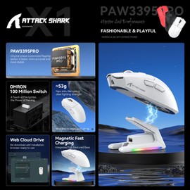 Attack Shark X1 Wireless Gaming Mouse with RGB Charging Dock, PAW3950 PRO Sensor Up to 40K DPI,53g Ultralight Tri-Mode Computer Mice,1KHz Polling Rate 5 Programmable Buttons for Win/Mac-White