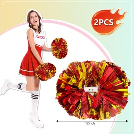 Tisspoms 2Pcs Gold Red Cheerleading Pom Poms with Baton Handle, 12" Metallic Cheer Pom Poms for Girls Adults Kids School Team Spirit Sports, Graduation Dances