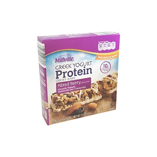 Millville Greek Yogurt Naturally Flavored Mixed Berry with Almonds, Cranberries, Blueberries, Peanuts Protein Chewy Bars - 5 ct.
