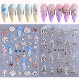 LIFOOST Ocean Nail Art Stickers 5D Embossed Marine Life Seashell Starfish Jellyfish Nail Decals Sea Animals Summer Beach Self Adhesive Manicure DIY Design
