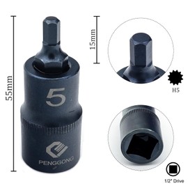 Juttzzei 1/2" Drive x H5 (5mm) Hex Bit Socket, 5mm Allen Key Square Socket, Premium S2 Steel H5 Hex Bit with 2" Length for Torque Wrench, Ratchet Wrench