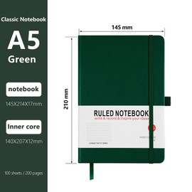 A5 Notebook, Journal Note Pad 200 Pages 80 GSM Journal Notebook Composition Notebooks Hardback Notepad with Lined Pages, Pen Loop and Expandable Paper Pocket, Journal Notepad Note Book-Green