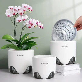 5 inch Orchid Pots with Holes for Repotting with Excellent Airflow, Set of 2, Double Layer Plastic Imitate Ceramic Orchid Planter, Clear Orchid Pot Match Decorative Orchid Container