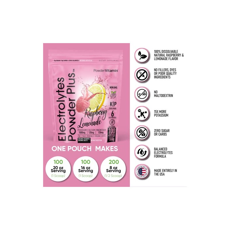 PowderVitamin Electrolitos en polvo Plus (100 porciones) Limonada de frambuesa