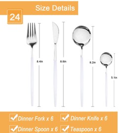 Dnalrhoi 24-Piece Korean White Silver Silverware Sets Mirror Polished Stainless Steel Modern Flatware Cutlery Set Service for 6 Including Forks Spoons Knives Kitchen(White Silver)