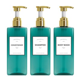 Shampoo Bottles with Gold Pump YACEYACE 16.9oz Set of 3 Empty Shower Bottles with Label, Shampoo and Conditioner Dispenser, Shampoo Dispenser for Bathroom, Lotion, Salon