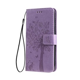 SEAHAI Case for Realme C63/Realme C61/Realme Note 60/Realme Note 60X Wallet Case, Pretty Embossed Leaves and Cat Pattern Premium PU Leather Book Style Flip Cover Shockproof Case, Lavender