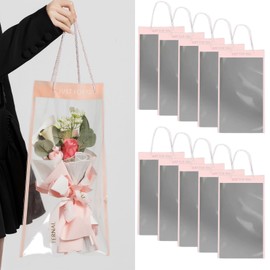 MORYTRADE Flower Bags for Bouquets, with Handle, 10 Gift Wrapping Bags, 9.8 x 17.7 inches (25 x 45 cm), Pink, Border Style