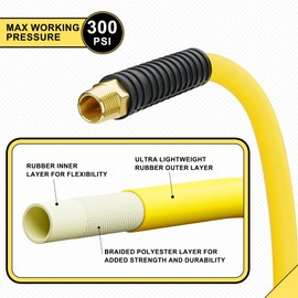 1/2 Inch x 50ft. Hybrid Air Compressor Hose with 1/2 in. MNPT Ends and Bend Restrictors