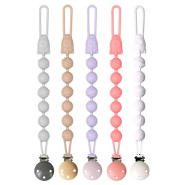 Leiouna Silicone Pacifier Clips Baby, 5 Pack Soft Flexible Binky Pacifier Clip Holder with One Piece Beads Design for Boys and Girls, Birthday Gift Fits All Soother and Toys (grey)